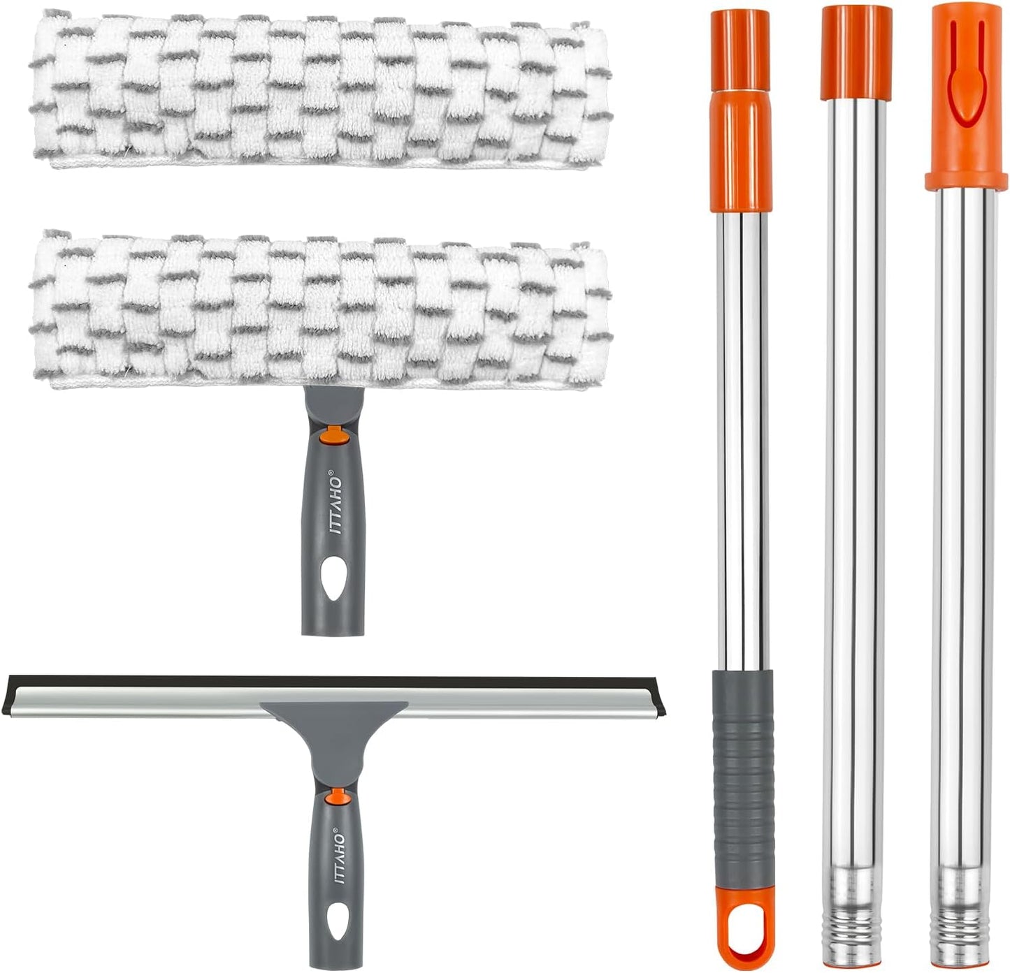 Window Washing Kit with Extension Pole, 10" Squeegee & 11" Microfiber Scrubber Combi with Stainless Steel Pole, Window Cleaner for Car, Sliding Door,Shower Glass Door-Swivel Style-2 Pads