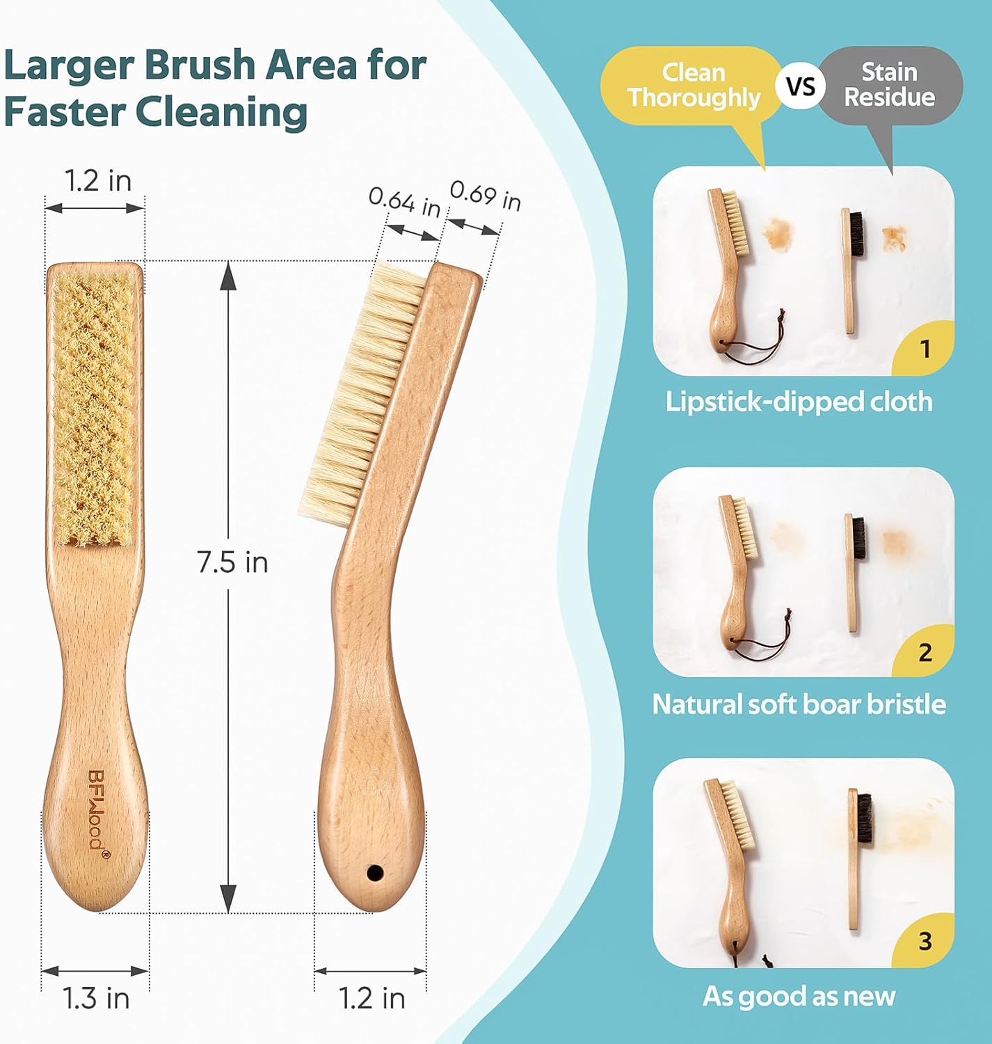BFWood Laundry Stain Brush, Natural Soft Boar Bristles, Removes Tough Stains from Delicate Fabrics Like Knits, Cotton, and Linens, Gentle on Fabrics, No Damage