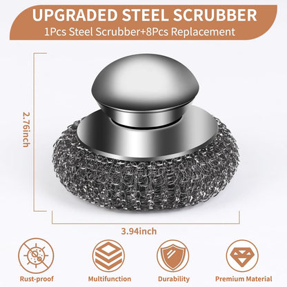 5Pcs Steel Wool Scrubber with Replacement Wire Sponge Pads Set, Stainless Steel Scrubber with Handle for Scouring Stubborn Messes from Cast Iron, Pots, Pans, Grill, Stoves, Sink(1 Scrubber+4 Pads)
