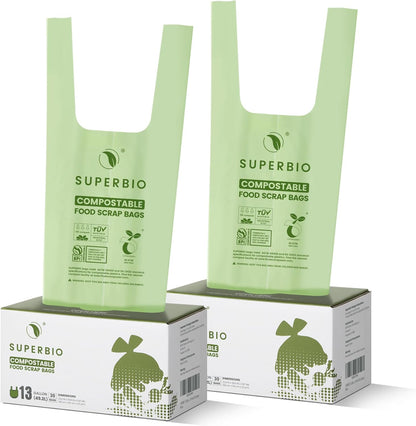 SUPERBIO 1.6 Gallon Handle Tie Compostable Food Scrap Bags For Counter Top Compost Bin, Small Compost Bags, 50 Count, 6 Liter, BPI & OK compost INDUSTRIAL Certified