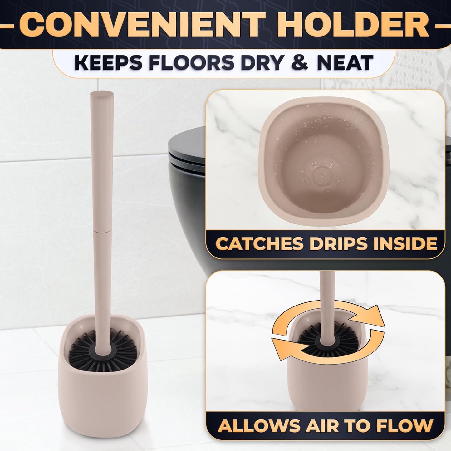 Toilet Brush and Holder Set - Silicone Toilet Brush Cleaner with Dark Grey Holder Base, Compact Accessory for Small Spaces - Easy to Place & Simple to Store After Use, Plastic Bathroom Cleaning Tool