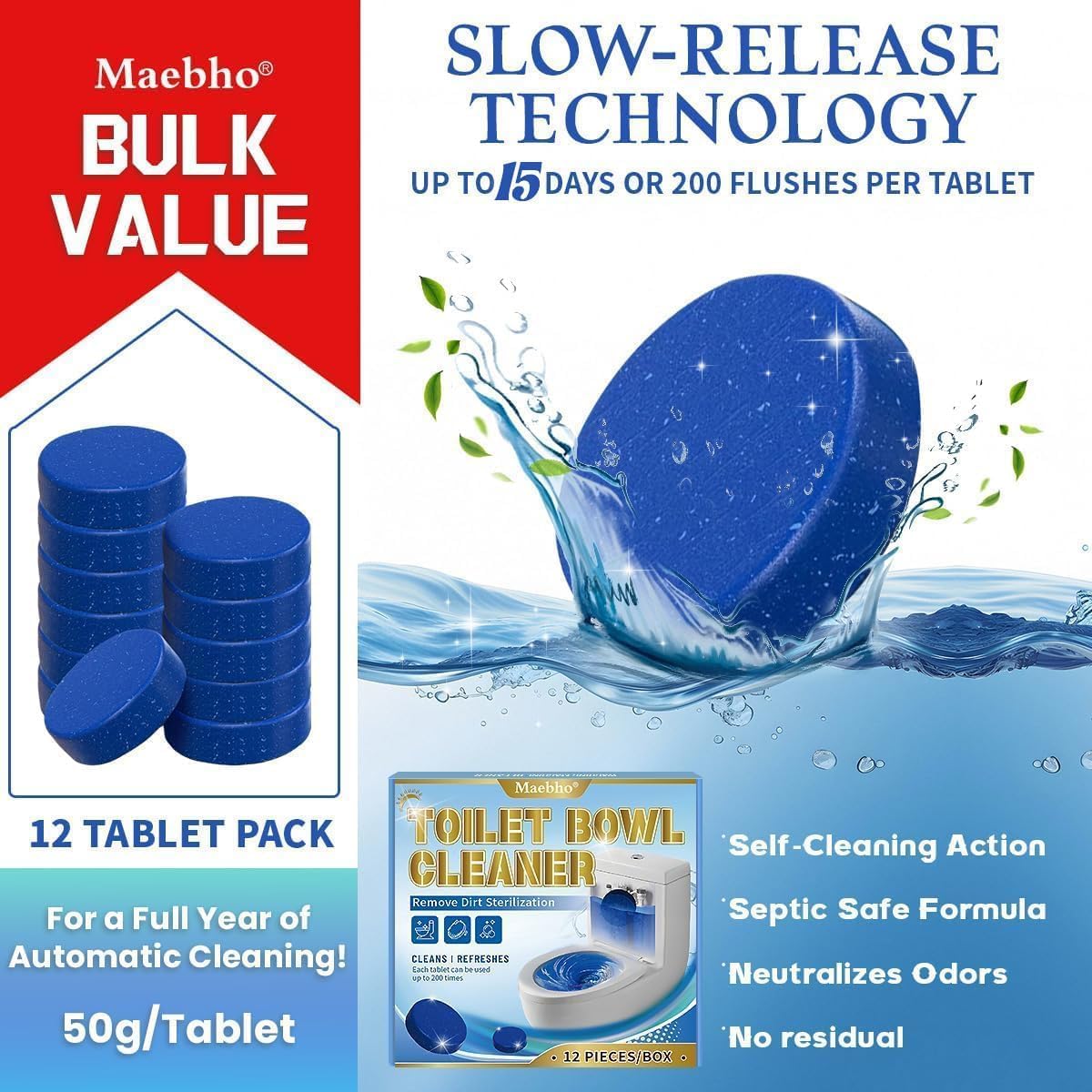 Automatic Toilet Bowl Cleaner Tablets,12- Pack Blue Gel In-Tank Cleaner, Removes Hard Water Rings & Stains, Septic Safe, Cleaning & Deodorize, Fresh Scent,50g Each