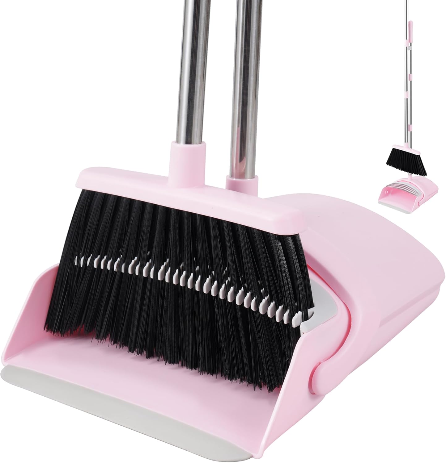 BSKLIN Broom and Dustpan Set, 52” Long Adjustable Handle Broom with Dustpan Combo Set with Dust Pan Teeth to Clean Hair for Home Lobby Office (Pink)