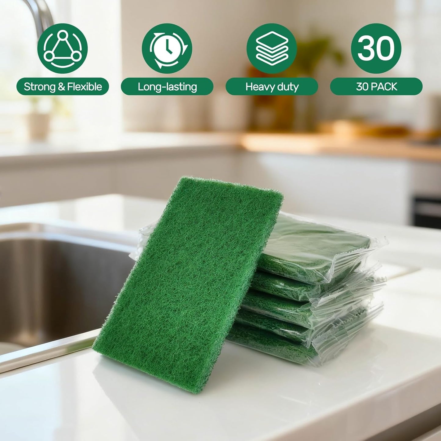 Heavy Duty Scouring Pads, 30 Pcs Individually Wrapped Dish Scrubber Pads for Household Kitchen Pots Pans Metal Grill (4.3 x 2.7 x 0.3 in)