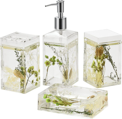 Locco Decor 5 Piece Acrylic Liquid 4D Floating Motion Bathroom Vanity Accessory Set Garden Botanic Green Plants Toothbrush Holder, Tumbler, Soap Dispenser, Soap Dish, Toiletbrush Holder Set