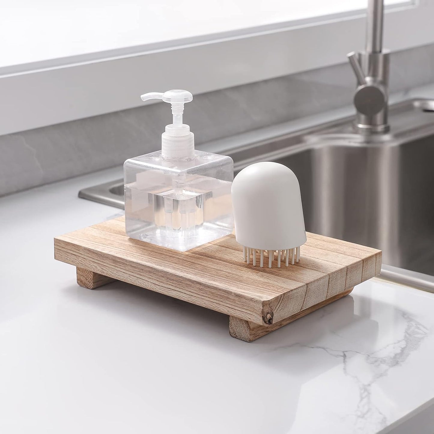 zoocatia Small Wood Tray Pedestal Stand Farmhouse Bathroom Decor Decorative Wooden Riser Kitchen Soap Dish Holder for Vanity, Counter, Sink, 9" x 5.9" - Black