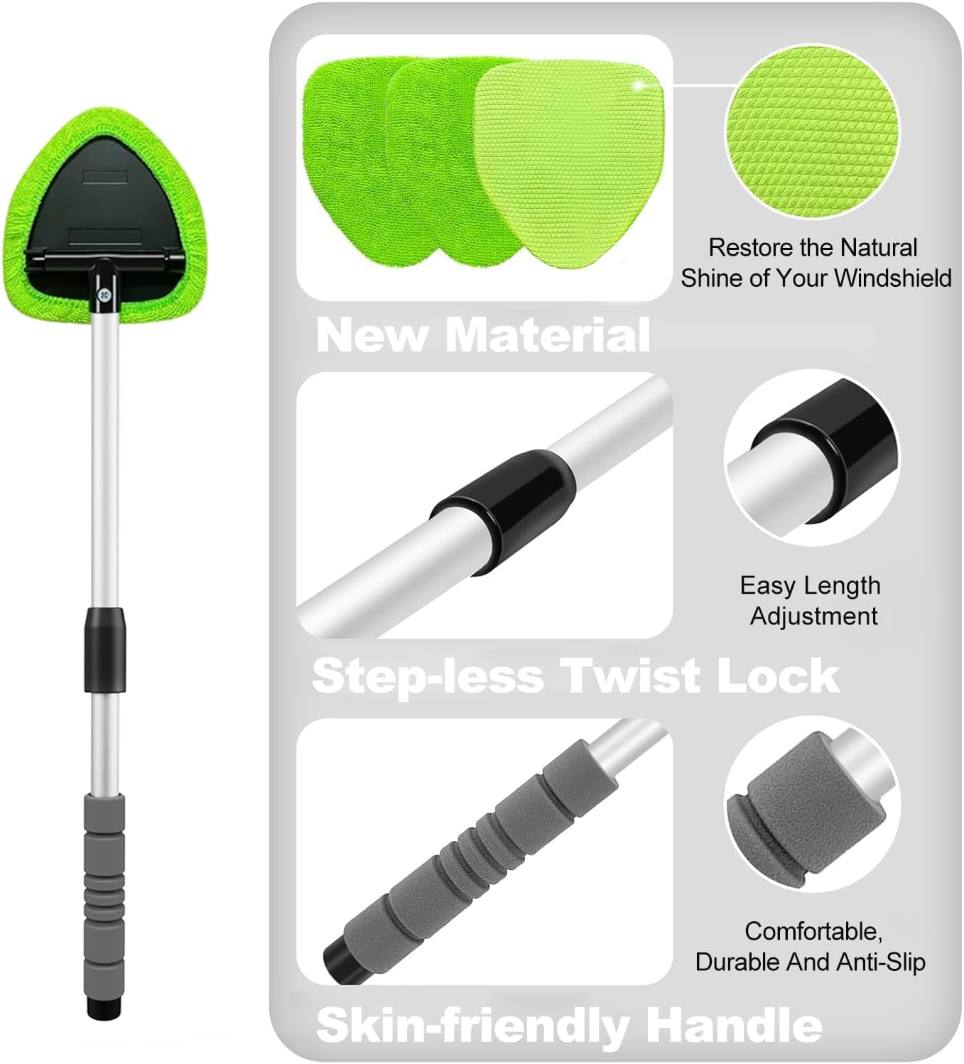 XINDELL Windshield Cleaner Tool – Car Interior Window Cleaning Kit with Extendable Handle & 4 Microfiber Pads, Auto Wiper Inside Windshield Brush for Car & Home Windows