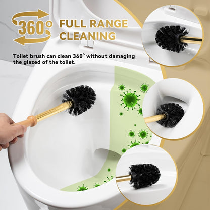 Duck Toilet Brush and Holder Set - Ceramic Bathroom Toilet Scrubber Brush Organizer with Wooden & Stainless SteelHandle, Gold Toilet Brush & Cute Duck Design for Bath Decor Storage