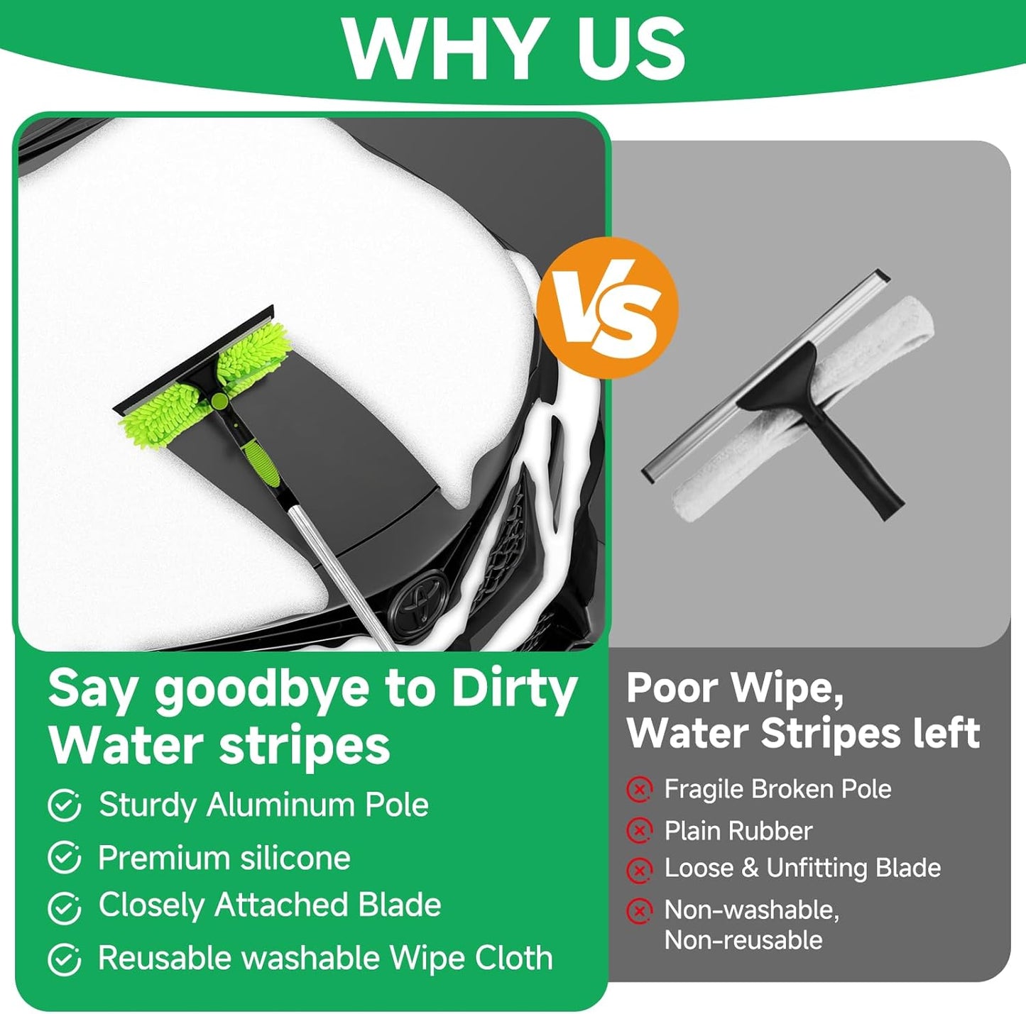 67" Squeegee Window Cleaner 2 in 1 Rotatable Window Cleaning Tool Kit with Extension Pole, Window Washing Equipment with Bendable Head for Indoor & Outdoor High Windows and Car Glass