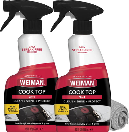 Weiman 2-Pack Cooktop Cleaning Spray & Microfiber Cloth – Cooktop & Oven Cleaner for Streak & Residue Free - Non-Abrasive Degreaser Safe for Glass & Ceramic