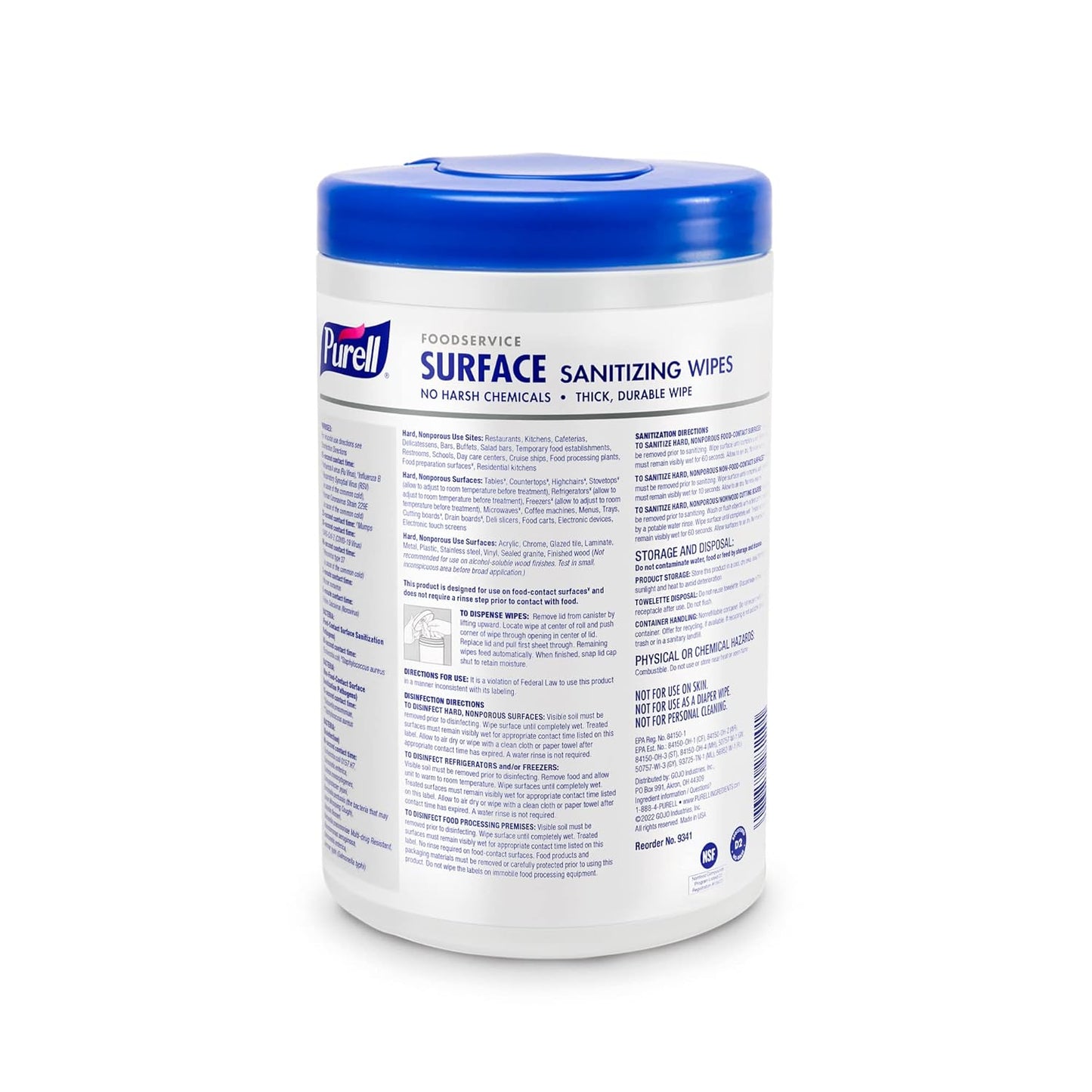 PURELL Foodservice Surface Sanitizing Wipes, Fragrance Free, 110 Count Canister, 7"x 10" Wipes (Pack of 6) - 9341-06