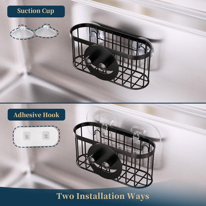 Consumest Sponge Holder Sink Caddy - Ladder Shaped Sponge Holder for Kitchen Sink with 2 Installation Ways (Suction Cups & Adhesive Hook), Rustproof Stainless Steel Kitchen Organizer, Silver