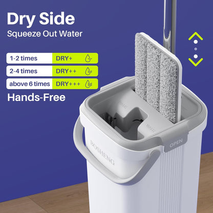 BOSHENG Mop and Bucket with Wringer Set, Flat Floor Mop and Bucket, with 3 Microfiber Mops for Floor Cleaning, Wet and Dry Use for Household Cleaning - White