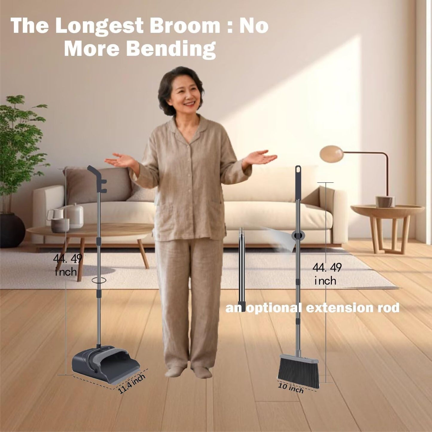 Broom and Dustpan Set with Long Handle - Upright Dustpan & 3 Rows Dense Bristles, Ideal for Home, Office, Kitchen, Lobby, Shop, All-Purpose Indoor & Outdoor Sweeping,Gray&Yellow