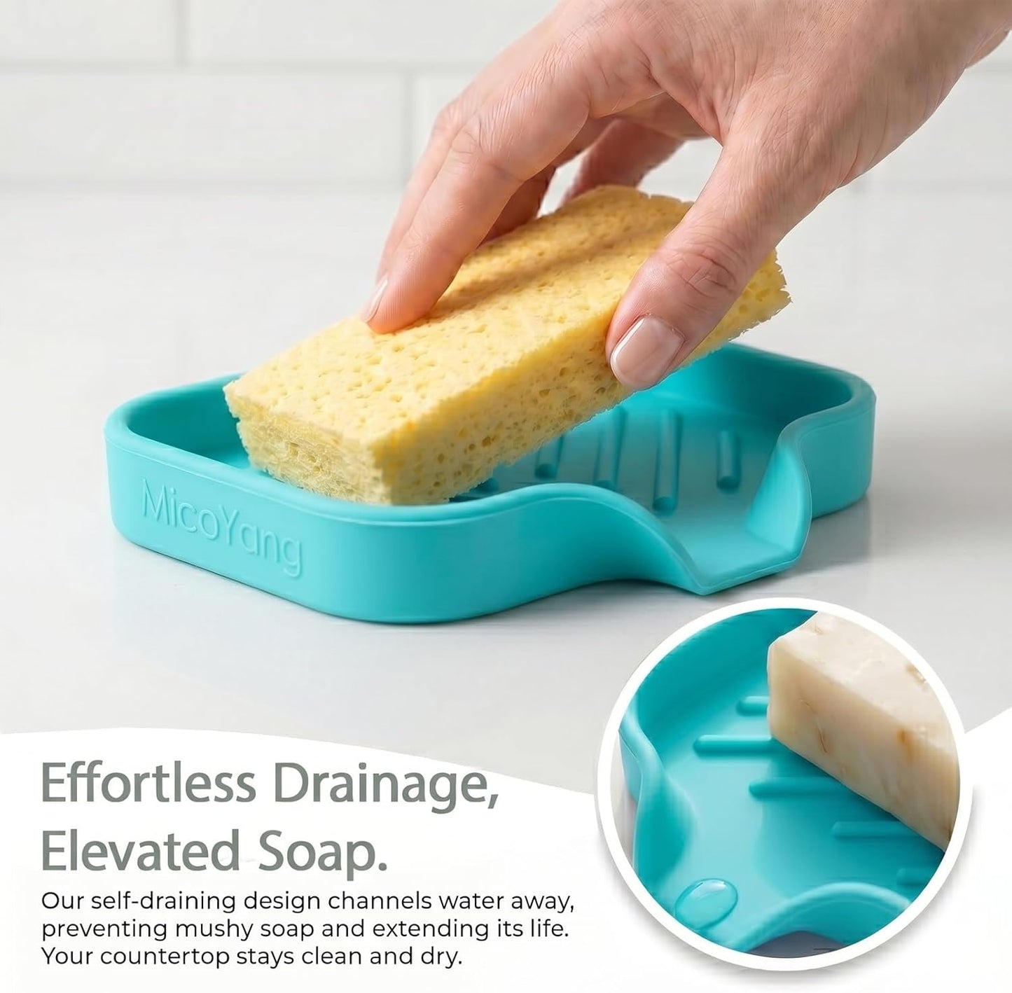 MicoYang Silicone Bathroom Soap Dishes with Drain Spout-Bathroom and Kitchen Sink Organizer,Sponge Holder,Dish Soap Tray,Perfect for Dispenser,Scrubber,Bottle,Cup on Sink or Counter-Black 4.9"×3.2"