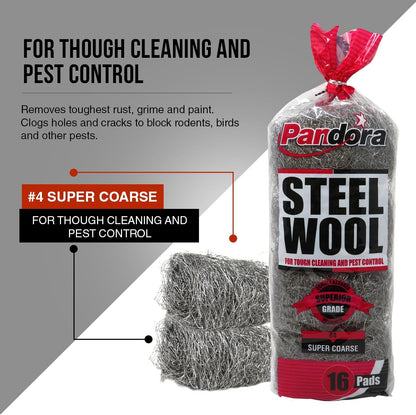 Pandora Steel Wool #2 – Coarse Grade, 16 Pads for Cleaning and Removing - Quality Metal Strands - Ideal to Remove Floor Scuff Marks and Old Wax