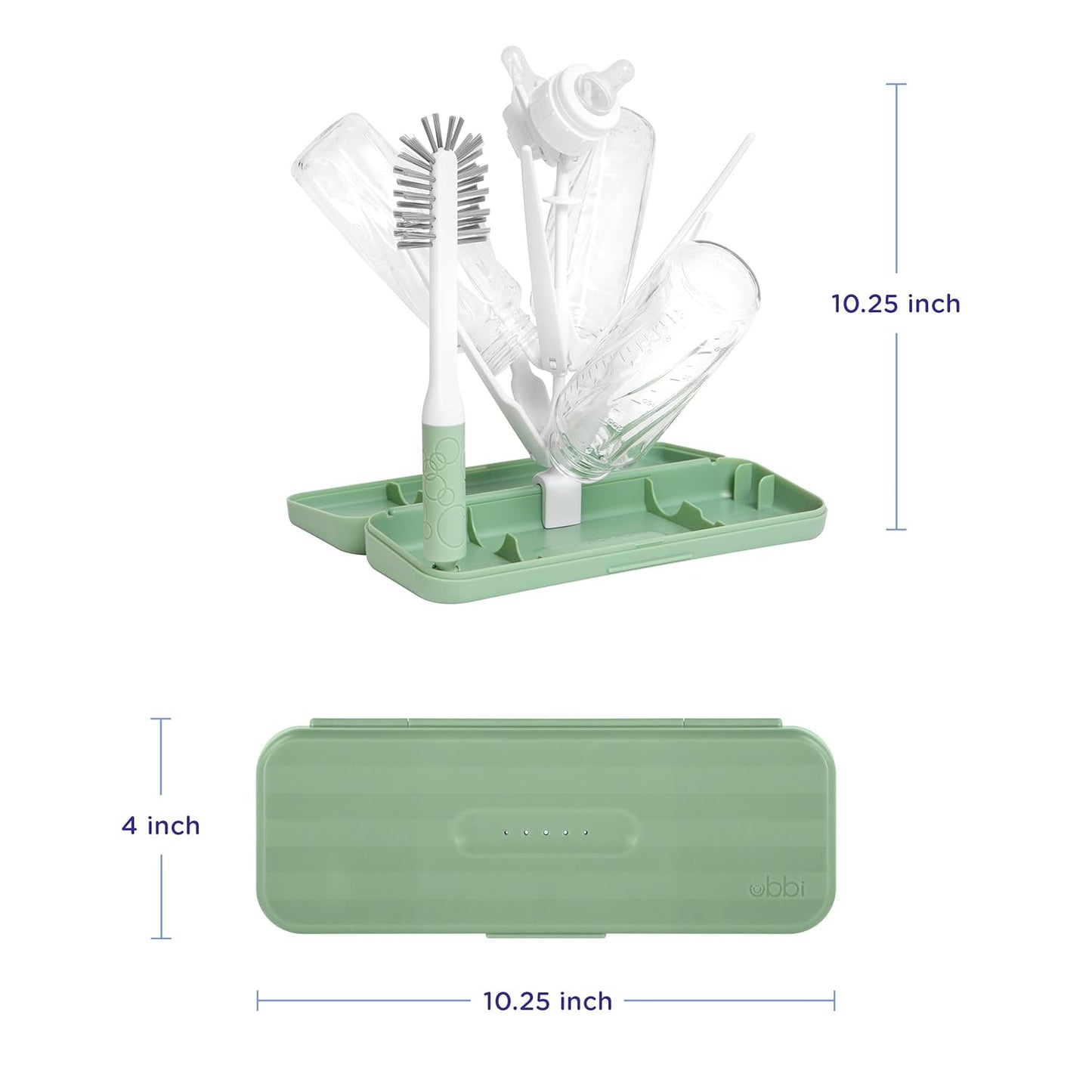 Ubbi On-the-Go Drying Rack and Brush Set, Includes Travel Case and Bottle Brush for Compact Storage, Holds Up To 8 Bottles, Baby Travel Accessories, Gray