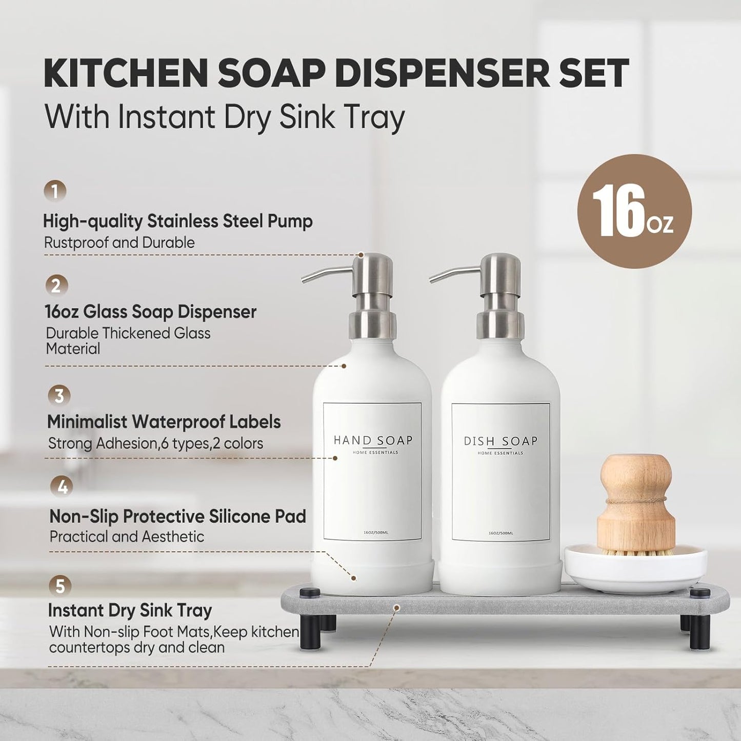 Kitchen Soap Dispenser Set with Instant Dry Tray,16 Oz Hand and Dish Soap Black Glass Dispenser Set,Stainless Steel Pump,Waterproof Labels&Dish Brush,Luxury Soap Bottle for Kitchen,Bathroom
