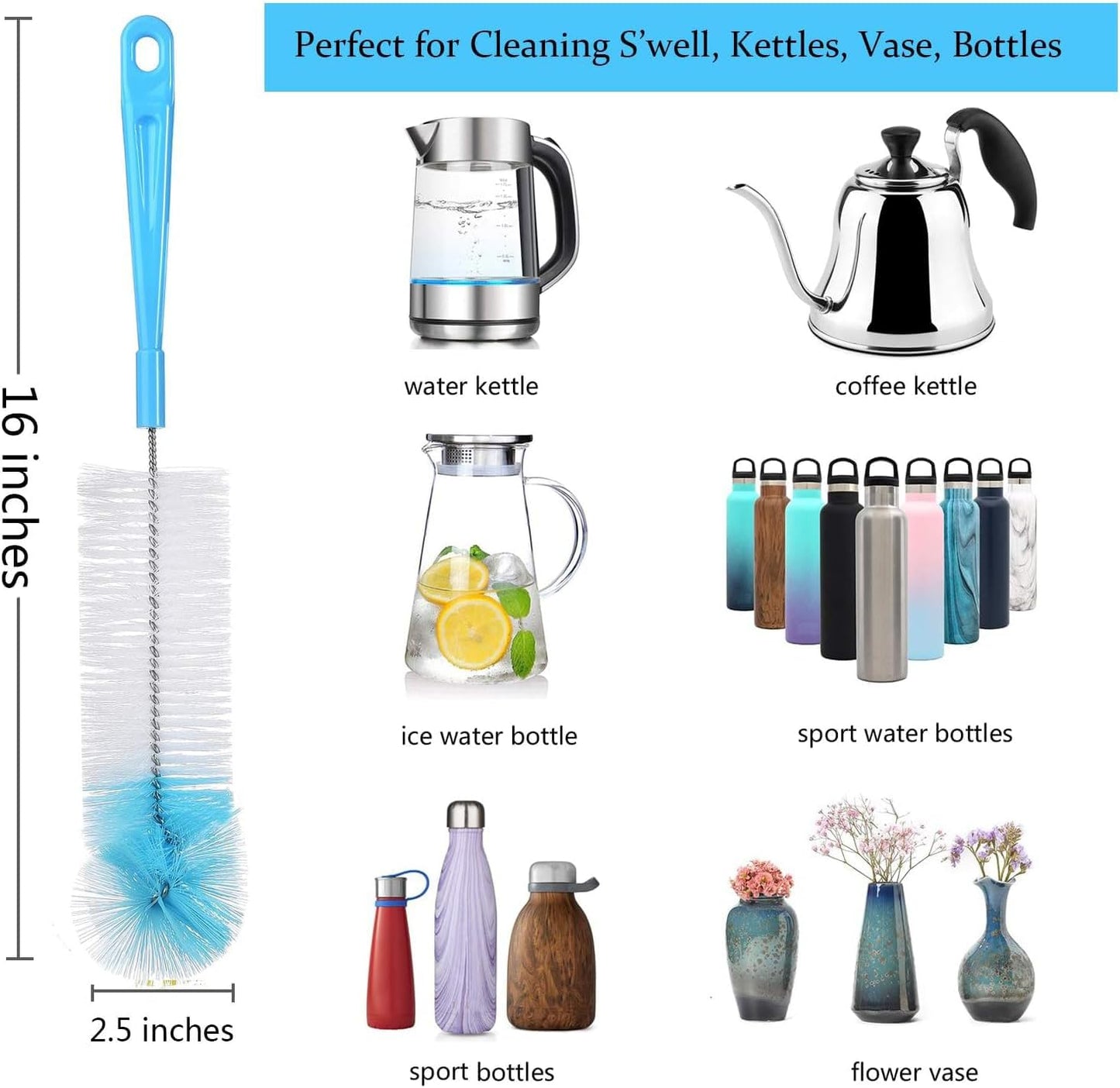 ALINK 8-Pack Bottle Cleaning Brush Set - Long Handle Bottle Cleaner for Washing Narrow Wine/Beer Bottle, Thermos, Hummingbird Feeder, Sport Well, Plus Kettle/Straw Brush