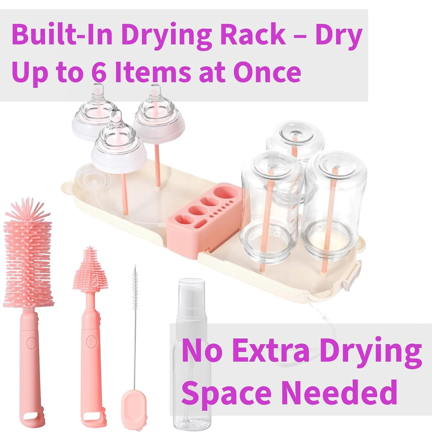 Travel Bottle Cleaner kit, 7in1 Baby Toddler Travel Essential Silicone Bottle Brush Set, Nipple, Drying Rack, Straw, & Breast Pump Cleaning, Soap Dispenser & Organizer Case, Gift Mom