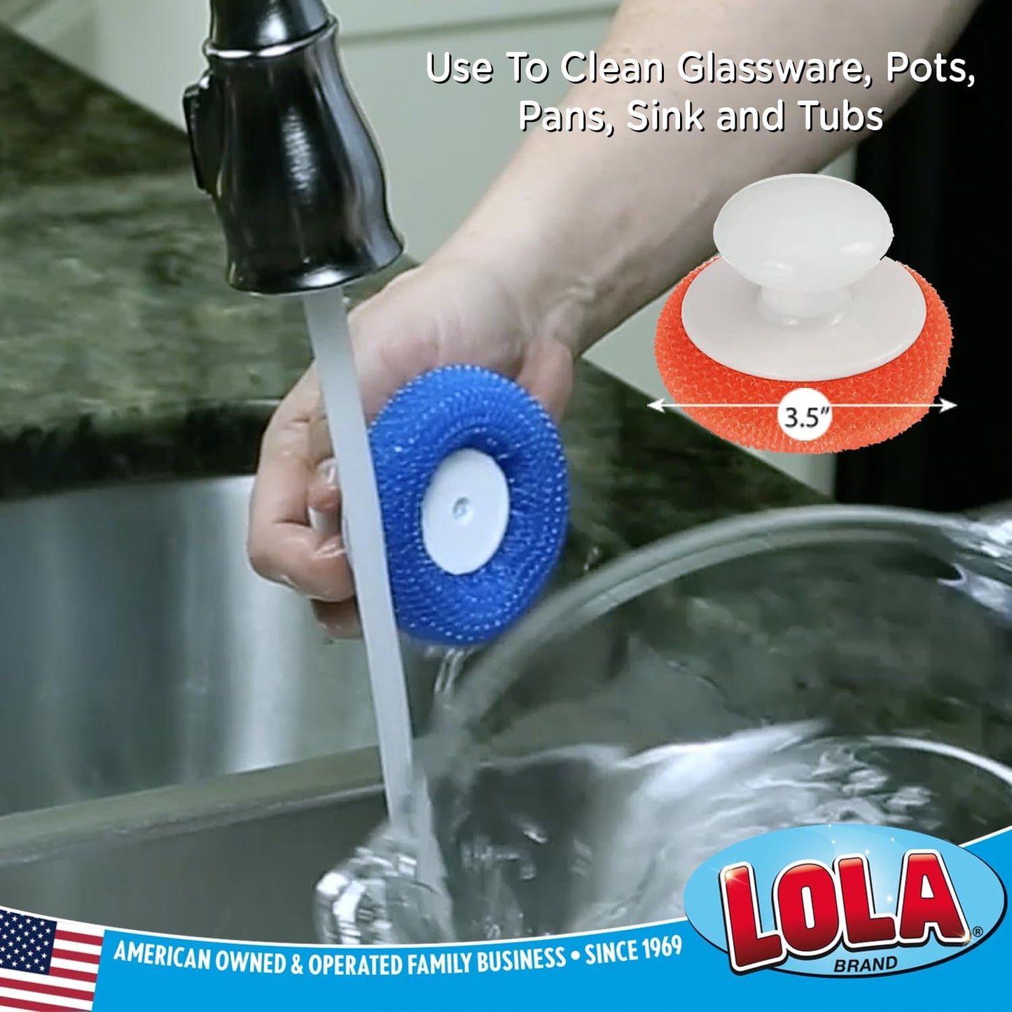LOLA Plastic Mesh Scouring Pads - 3 Pack, 3.375" x 1.25", Non-Scratch Dish Scrubbers to Clean Dishes, Assorted Colors - Red, Blue & Yellow