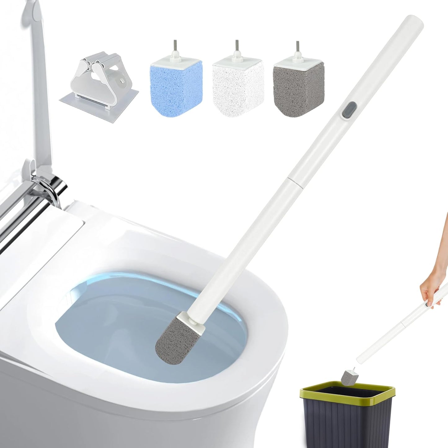 Pumice Stone Toilet Bowl Cleaner with 20" Ultra Long Handle, Push-Button Replaceable Head Hard Water Ring Stain Remover for Bathroom, Bathtub, Pool, Kitchen Sink Cleaning, 3 Pack (gray)