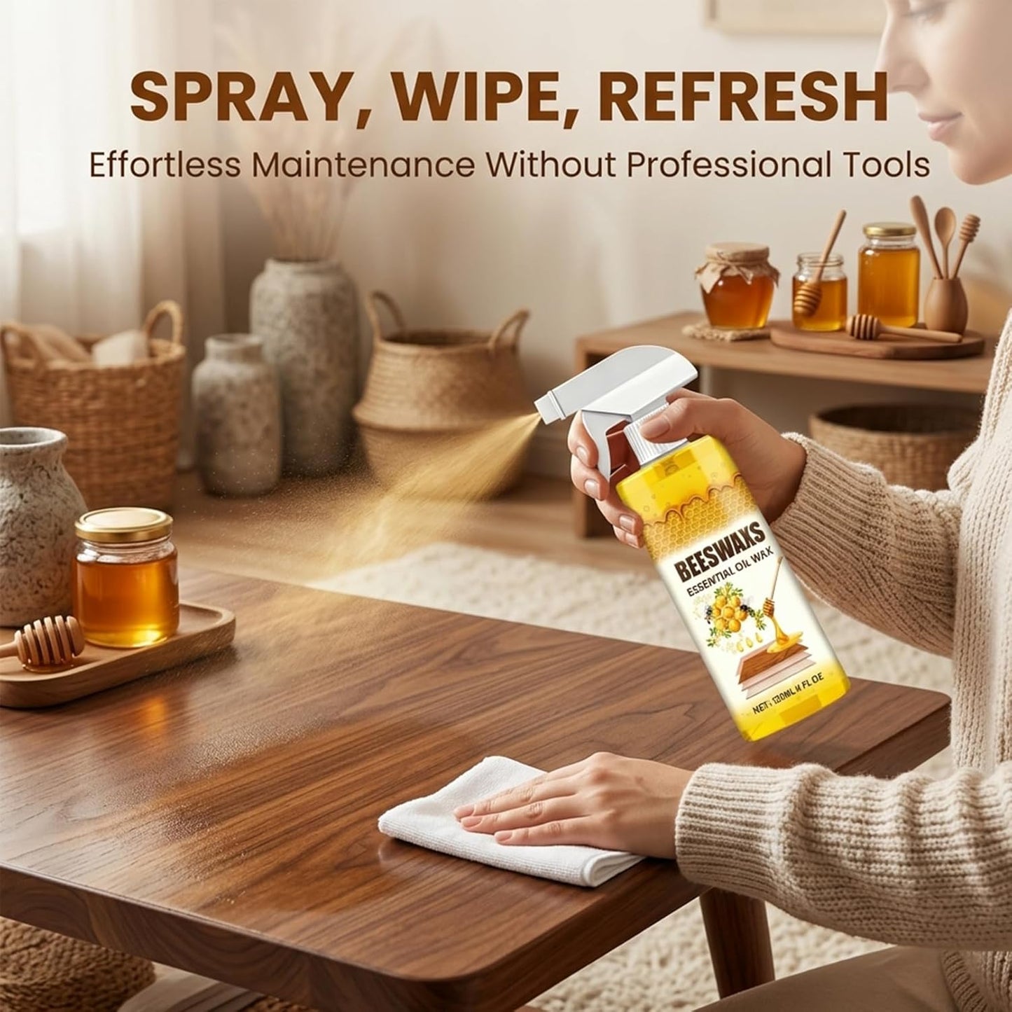 Beeswax Wood Polish Spray, Bees Wax Furniture Polish and Cleaner with Sponge & Towel, Wood Cleaner for Floors, Cabinets, Tables, Doors, Laminate and Finished Wood Surfaces, Citrus Scent, 120ML