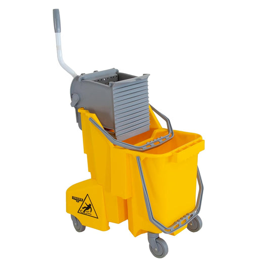 Unger Commercial 8-Gallon Dual-Compartment Mop Bucket with Side Press Wringer – Yellow, Ergonomic Design for Efficient Floor Cleaning COMBY
