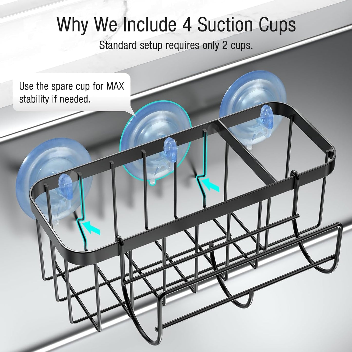 3-in-1 Kitchen Sink Caddy Organizer with Sponge Holder, Brush Holder, Extra Rack for Scrubber, Sink Stopper, Dish Cloth Hanger - Strong Dual Suction Cup, 2.0mm SUS304 Stainless Steel - Grey