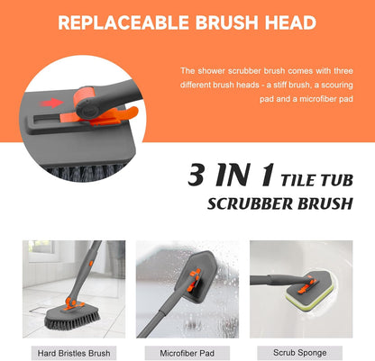 nacena Shower Scrubber with Long Handle, 3 in 1 Tile Tub Scrubber Brush with 3 Detachable Cleaning Heads Adjustable Handle Shower Cleaner Brush for Bathroom, Kitchen, Toilet, Wall, Sink, Blue White