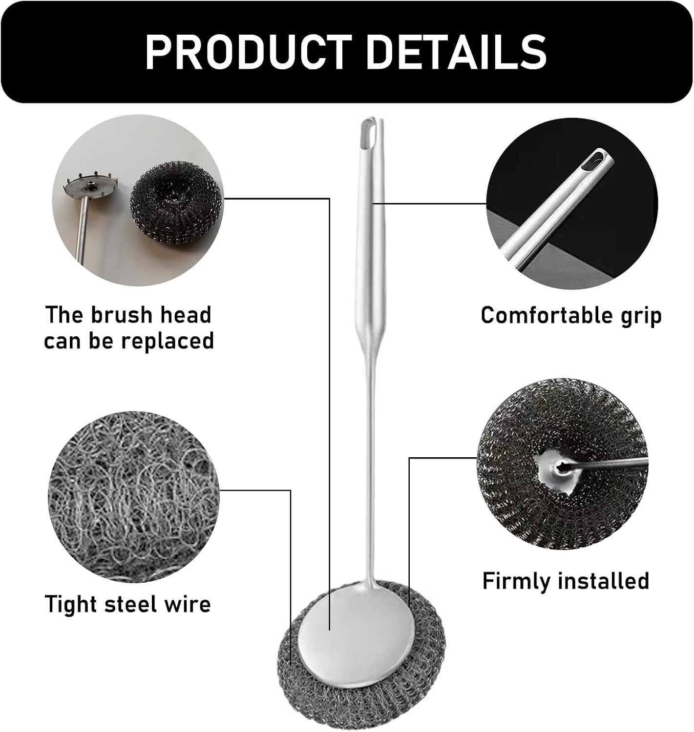 Stainless Steel Wool Metal Wire Scrubber Sponge Scouring Pads Brush Set with Handle for Cleaning Dishes,Pots and Pans,Kitchen Cast Iron,Stoves, Sink,Cooking Tools,Silver(7pcs)