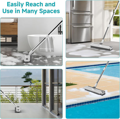Floor Scrub Brush with Long Handle Length Adjustable, 3 in 1 Heavy-Duty Stiff 90° Bristle Floor Scrubber Broom with Squeegee, Cleaning Brush for Bathroom, Garage, Kitchen, Tile, Deck & Patio (Gray)