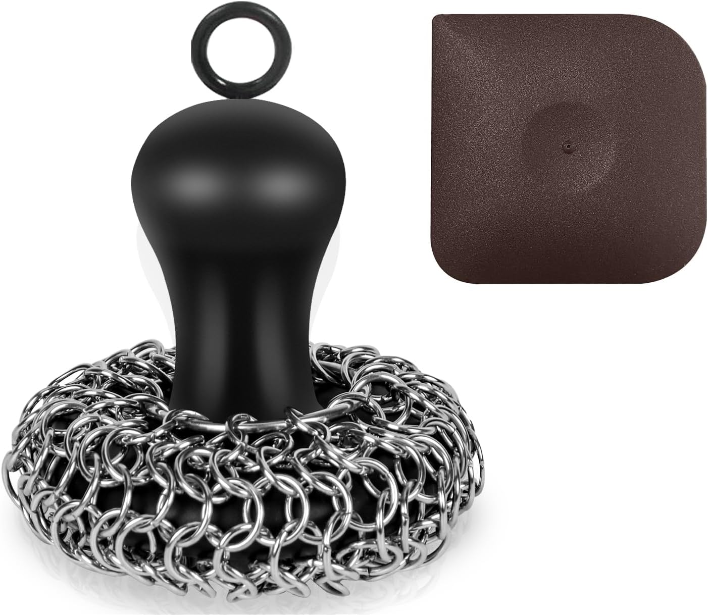 Cast Iron Cleaner Scrubber with Handle - Chain Mail Cast Iron Scrubber Brush-Chainmail Sponge Scrub Cleaning Tool to Clean Skillets, Pan,Griddle, Wok, Dutch Oven