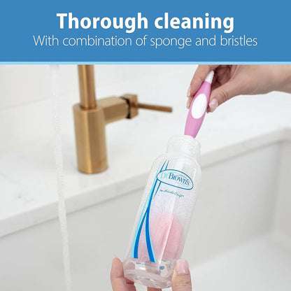 Dr. Brown's Reusable Sponge Baby Bottle Cleaning Brush with Suction Cup Stand, Scrubber and Nipple Cleaner, Pink 1-Pack