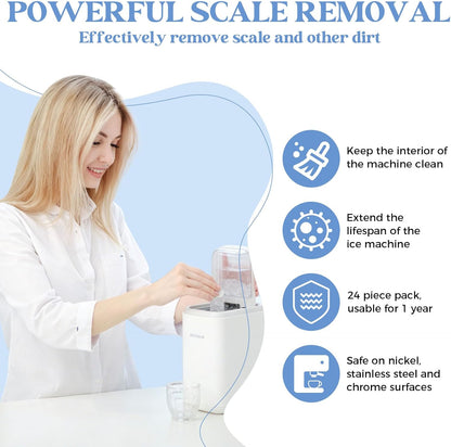 Ice Maker Cleaner Tablets, 24 Ice Machine Cleaner Descaler Tablets Compatible with Frigidaire, Opal, GE Profile, Kitchenaid, Nickel Safe Scale Remover for Countertop, Ice Makers