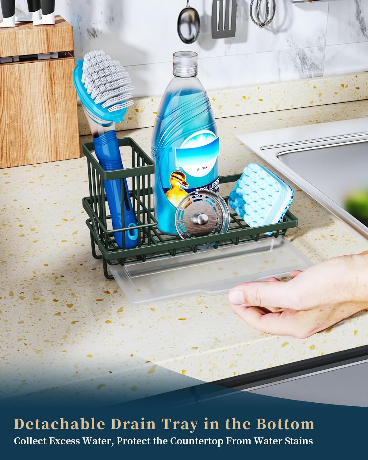Consumest Sink Caddy, Kitchen Sponge Holder with Dish Brush Holder, Kitchen Organizer with Drip Tray for Countertop, Stainless Steel Rustproof - Silver