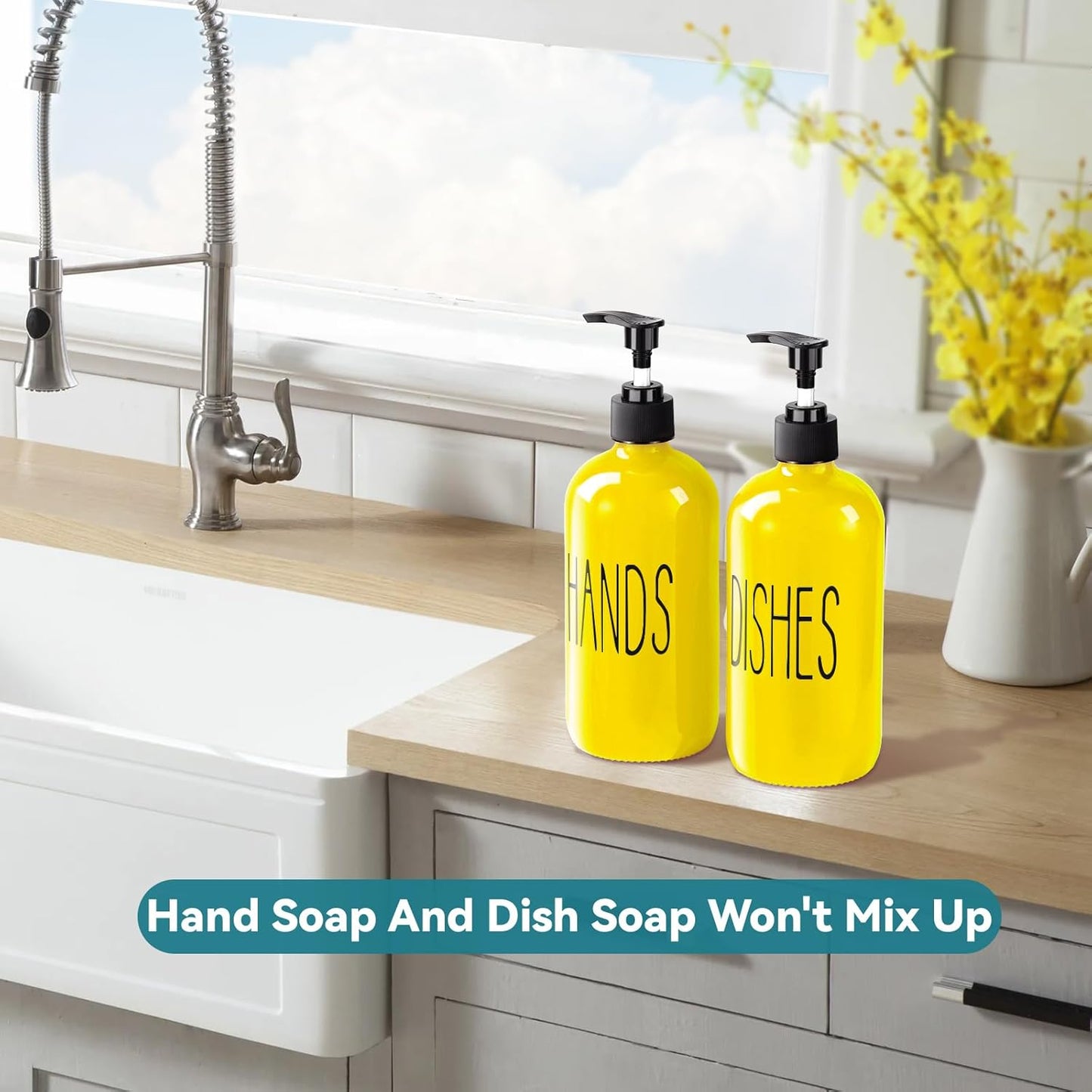 COHOSEGE Glass Soap Dispenser Set 2 Pack,Contains Hand and Dish Soap Dispenser.Premium 16 Oz Black Kitchen Soap Dispenser Set for Kitchen Sink and Farmhouse Decor