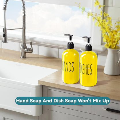COHOSEGE Glass Soap Dispenser Set 2 Pack,Contains Hand and Dish Soap Dispenser.Premium 16 Oz Black Kitchen Soap Dispenser Set for Kitchen Sink and Farmhouse Decor