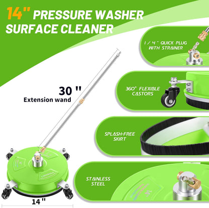 14" Pressure Washer Surface Cleaner with 4 Wheels - Stainless Steel Surface Cleaner for Pressure Washer Attachment for Concrete, Patio, Sidewalk, Deck and Driveways - PWS14