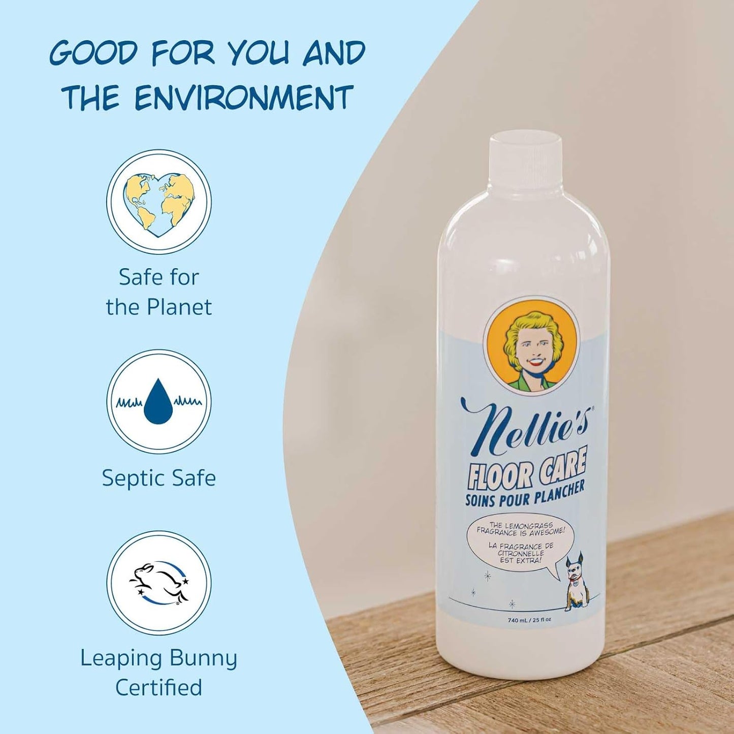 Nellie's Floor Care – Plant-Based Floor Cleaner for Hardwood, Tile, Ceramic, and More – Effectively Lifts Dirt and Odors – Fresh Lemongrass Scent (25 fl oz) - Made in Canada