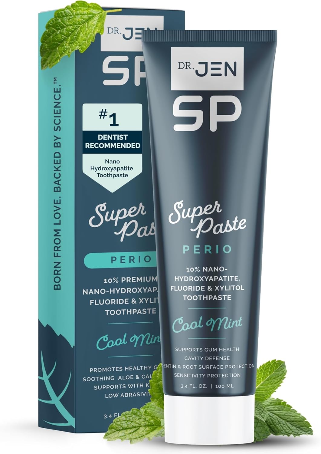 Dr. Jen Super Paste Perio Toothpaste, Cool Mint, Fluoride + 10% Premium Nano Hydroxyapatite, Xylitol, SLS Free, Low Abrasivity, Aloe + Calendula, Dentist Designed, Fresh Clean Feel, 1 Pack