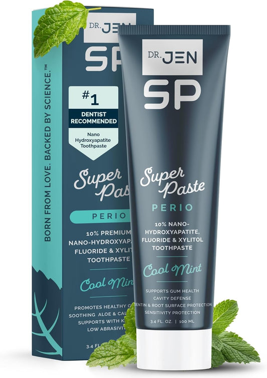 Dr. Jen Super Paste Perio Toothpaste, Cool Mint, Fluoride + 10% Premium Nano Hydroxyapatite, Xylitol, SLS Free, Low Abrasivity, Aloe + Calendula, Dentist Designed, Fresh Clean Feel, 1 Pack