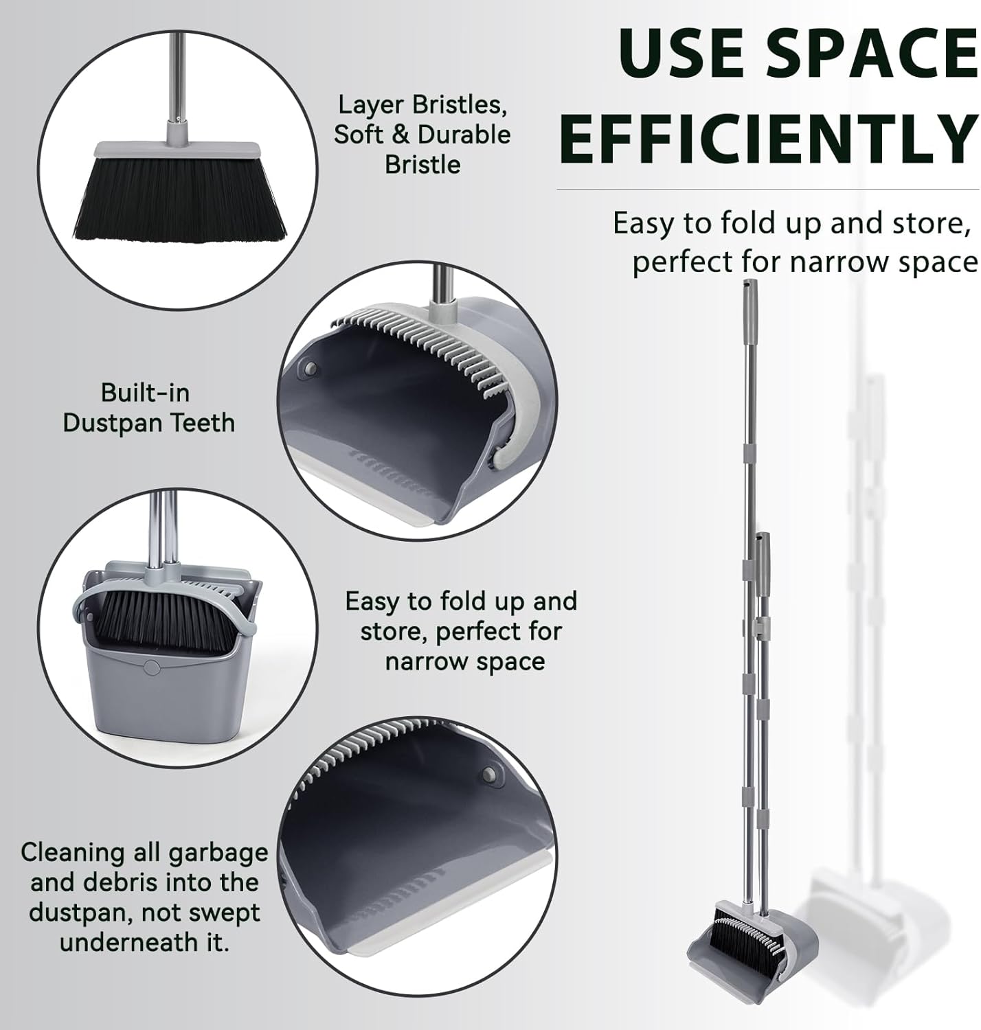 YZO Broom and Dustpan Set, 54.33 Inch Long Handle Standing Design, Dustpan Front Rubber Tight Seal, Broom with 5 Layer Bristles, Suitable for Living Room, Bedroom, Yard, Office and Apartment(Green)