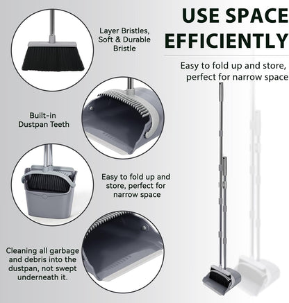 YZO Broom and Dustpan Set, 54.33 Inch Long Handle Standing Design, Dustpan Front Rubber Tight Seal, Broom with 5 Layer Bristles, Suitable for Living Room, Bedroom, Yard, Office and Apartment(Green)