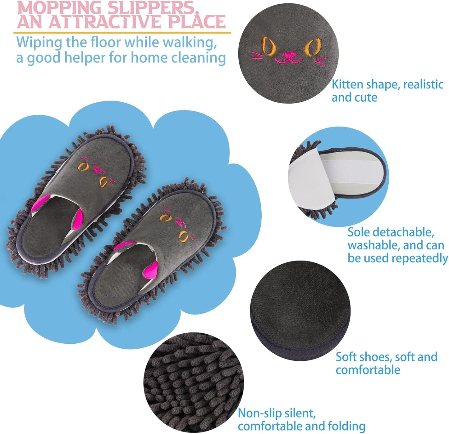 Cartoon Dog Mop Slippers Microfiber Clean Dusting Slippers Detachable Mopping Shoes for Office Home Room (Khaki)