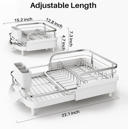 SNTD Dish Drying Rack, Expandable Dish Rack for Kitchen Counter, Stainless Steel Dish Drainer with Drainboard Set and Utensil Holder (Black)