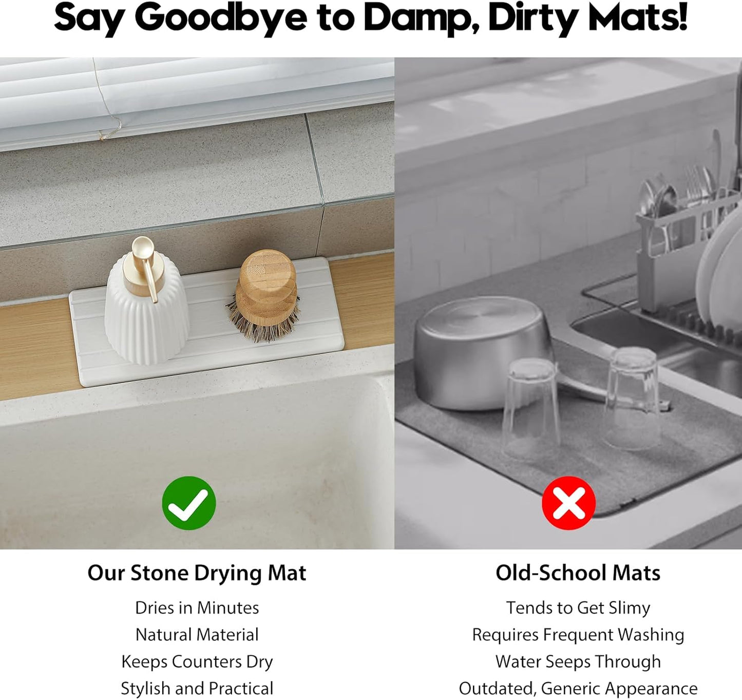 Fast Water Absorption Sink Organizer Tray Set, 3-Pack Compact and Space-Saving Stone Soap Holder Caddy for Kitchen & Bathroom Counter, Faucet Splash Guard, White (1pc of 8"x3.8" + 2pcs of 3.8"x3.8")