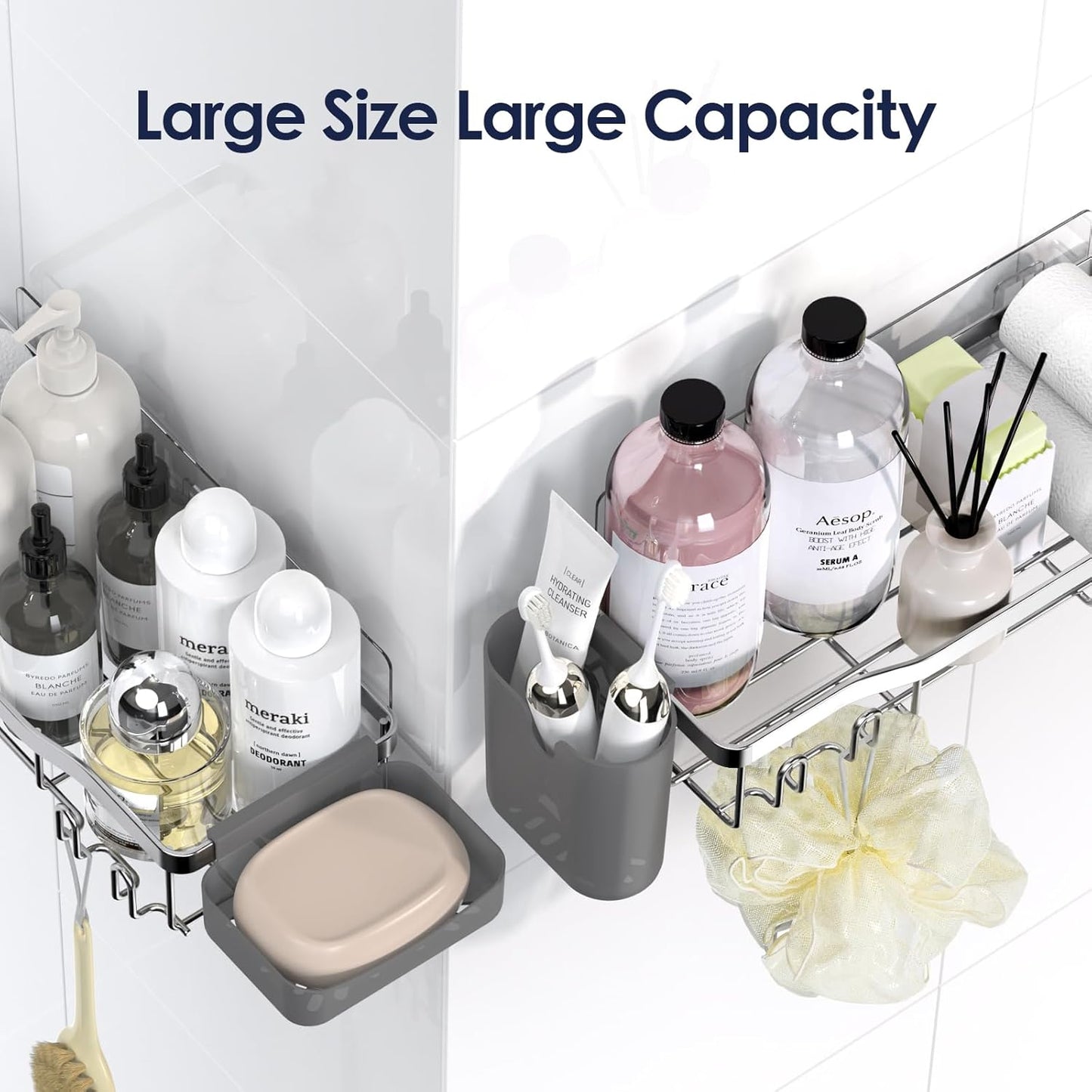 NESOMI Shower Caddy Adhesive Shower Organizer 7-Pack, Rustproof Stainless Steel Bathroom Shelves, Large Capacity No-Drill Rack Storage Accessories with Soap Dish Toothbrush Holder &24 Hooks Home Decor
