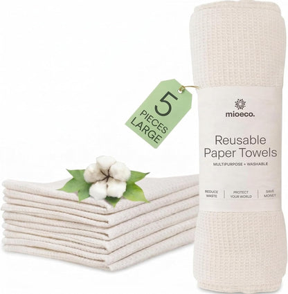 mioeco 20 Pack Reusable Kitchen Paper Towels Washable - Super Absorbent Natural unPaper Towels - Natural Cotton - Reusable, Paperless Kitchen Dish Cloths - 100% Organic