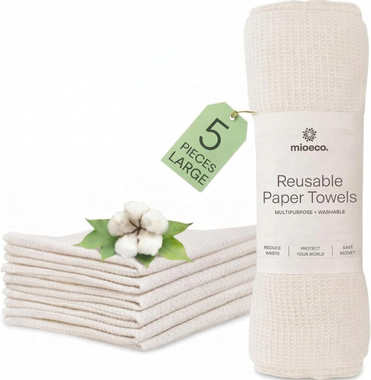 mioeco 20 Pack Reusable Kitchen Paper Towels Washable - Super Absorbent Natural unPaper Towels - Natural Cotton - Reusable, Paperless Kitchen Dish Cloths - 100% Organic